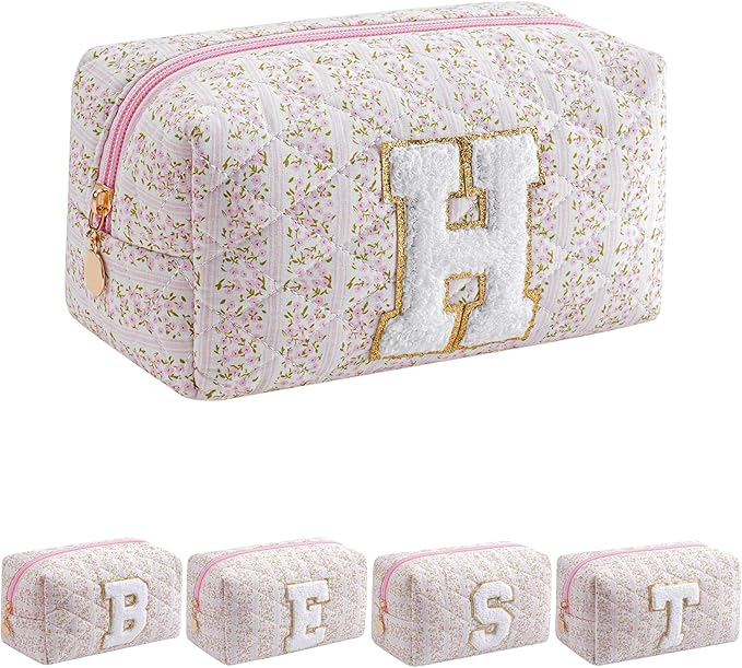 JOVAKIT Alphabet Makeup Bag Cosmetic Bag for Women, Christmas Gifts for Girls Age 6-18, Floral Flowers Coquette Travel Toiletry Zipper Make Up Pouch Organizer Trendy Stuff (Pink Floral H)