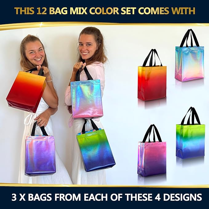 Nush Nush Set of 12 Gradient Medium Gift Bags - 4 Stunning and Shiny Reusable Gift Bags With Handles - Ideal Goodie Bag for Birthday Party, Wedding Party Favors, Christmas, Thanksgiving - 8x4x10