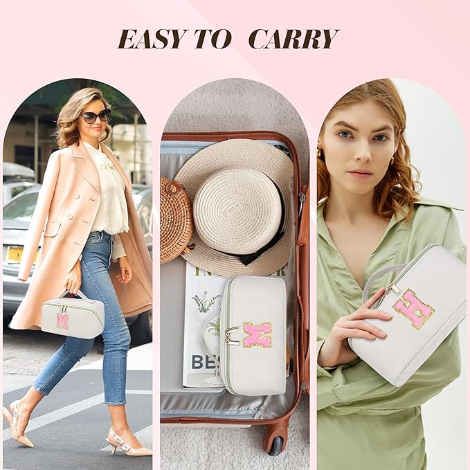 for Christmas Day Gifts, Makeup Bag for Women, PU Leather Travel Toiletry Bags, Initial Make Up Cosmetic Pouch for Teen Girls, Wide Open Portable Skincare Bag, Personalized Birthday Gifts, White N