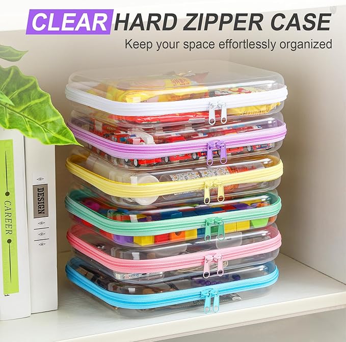 Sanwuta 6 Pcs Clear Hard Zipper Case Hard Plastic Zipper Pouches Makeup Bag Pencil Pouches Transparent Cases for Snacks Plastic Storage Organizer Box for Travel(Colorful,9.84 x 7.87 x 2 Inch)
