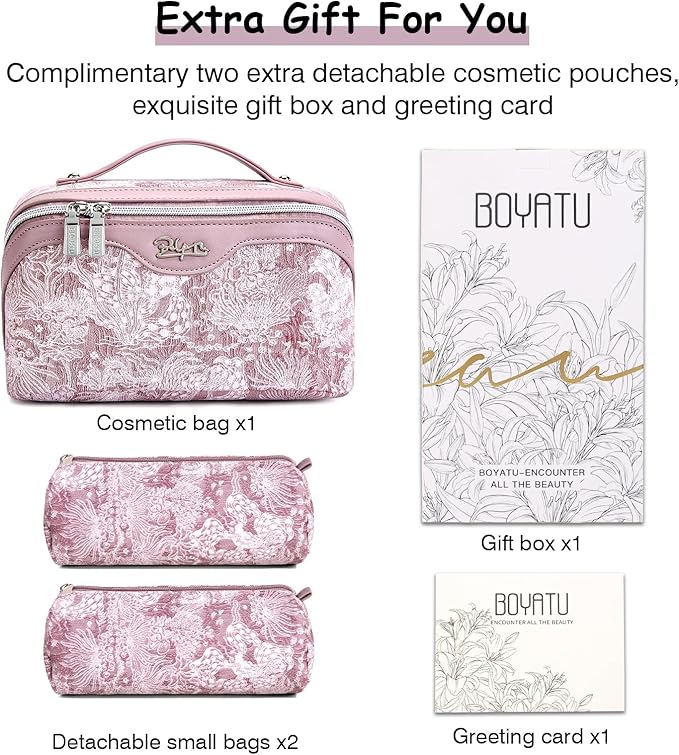 BOYATU Travel Makeup Bag for Women: Large Capacity Make up Bag with Compartments - Vegan Leather Cosmetic Bag set of 3 - Waterproof Toiletry Bag with Handle & Divider(E-1-Purple)