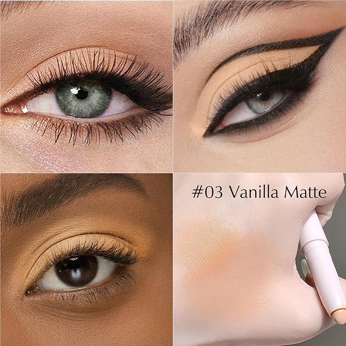 Vanilla Eyeshadow Stick, Matte Cream Eyeshadow Long-Lasting Crease-Proof Eye Shadow Eyeliner Stick High Pigmented Highlighter Makeup Pencil Crayon with Blending Brush & Built-in Sharpener
