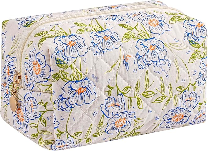 JOVAKIT Square Makeup Bag Cute Cosmetic Bag for Women, Floral Coquette Aesthetic Toiletry Bag, Zipper Make Up Pouch, Travel Make Up Organizer Bag (Big Blue Flower)
