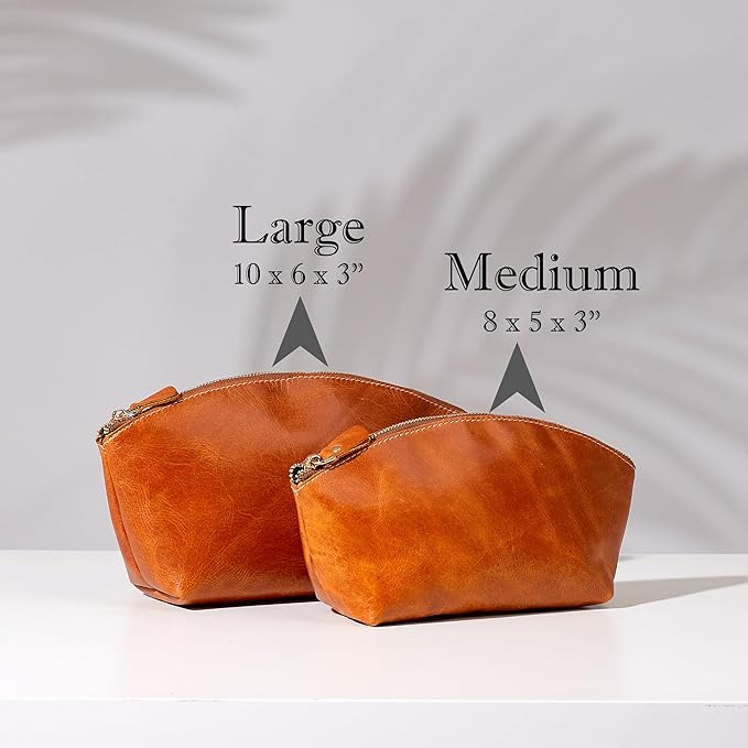 Luxury Personalized Leather Makeup Bags Crafted in USA, Full-Grain Leather Cosmetic Bag Engraved Name Initials or Logo, Birthday Anniversary Christmas or Mother Gift, Italian Zipper, Purse for Women