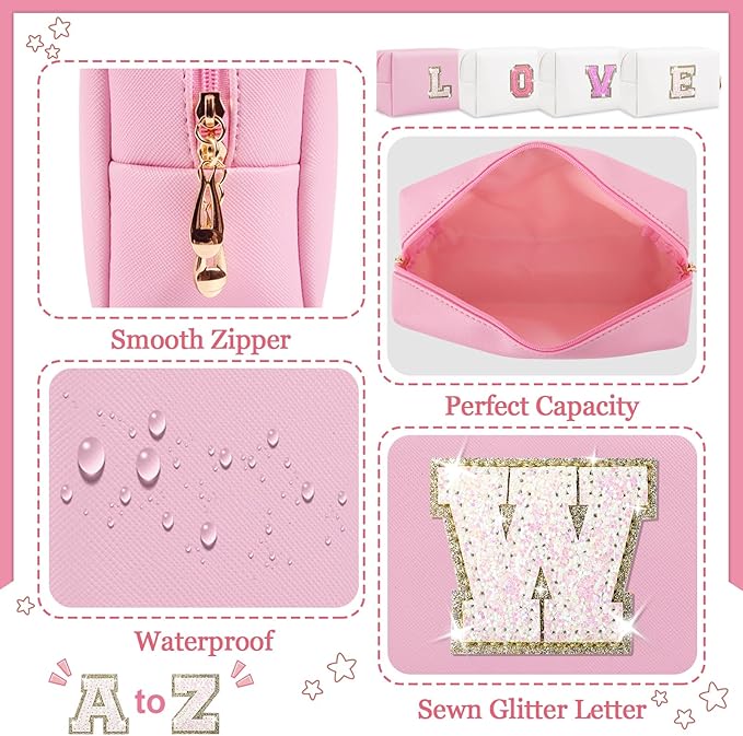Personalized Initial Letter Patch Makeup Bag, Preppy Glitter Letter Makeup Organizer, Cute Monogrammed Pouch Cosmetic Bag PU Leather Waterproof Travel Toiletry Bag, Gift for Women Teen Girls