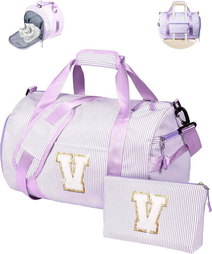 Christmas Gifts for Teen Girls, Girls Travel Duffle Bag, Kids Initial Overnight Duffel Bags with Shoe Compartment, Personalized Dance Bag with Cosmetic Pouch, Gift for Tween (Letter V)
