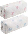 Cute Floral Cotton Makeup Brush Cosmetic Bag for Women, Travel Quilted Zipper Make Up Bag, Flowers Toiletry Organizer Case Kawaii Makeup Cosmetic Travel Cloth Pouch (Pink Bow Tie+Blue Bow Tie)