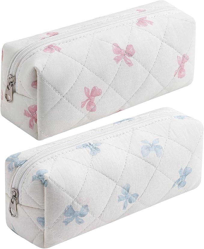 Cute Floral Cotton Makeup Brush Cosmetic Bag for Women, Travel Quilted Zipper Make Up Bag, Flowers Toiletry Organizer Case Kawaii Makeup Cosmetic Travel Cloth Pouch (Pink Bow Tie+Blue Bow Tie)