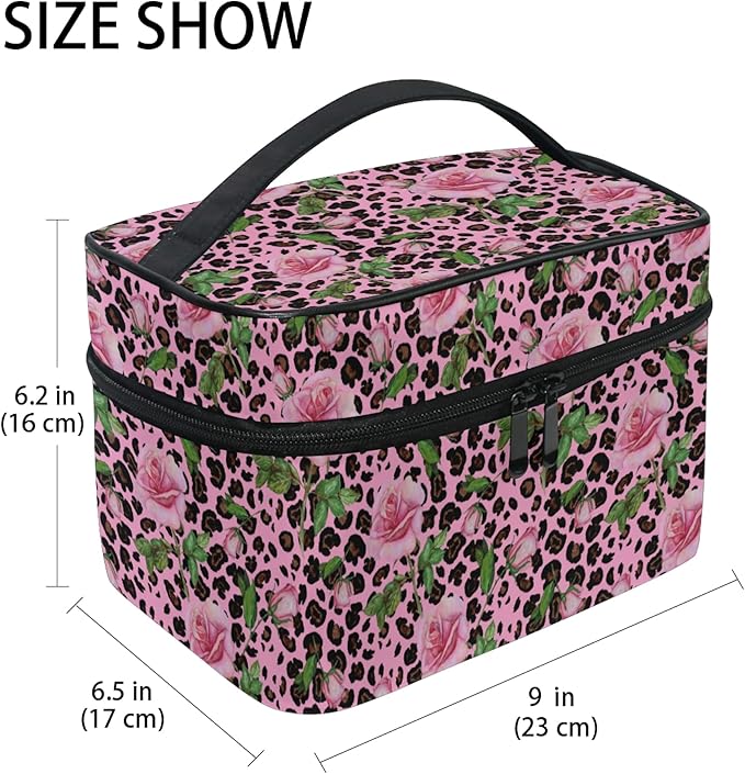 Makeup Bag, Roses On Pink Leopard Travel Makeup Organizer Bag Cosmetic Cases Toiletry Bags for Girl Women Ladies