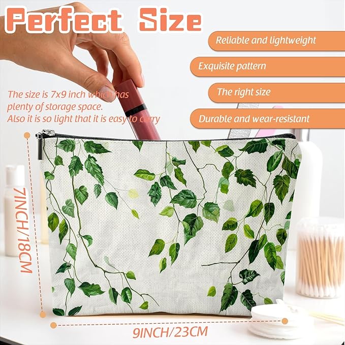 Makeup Bag Travel Cosmetic Bags Small Makeup Case Waterproof Zipper Pouch for Women Girls 7X9inches - Green Ivy Leaves Cascading on White