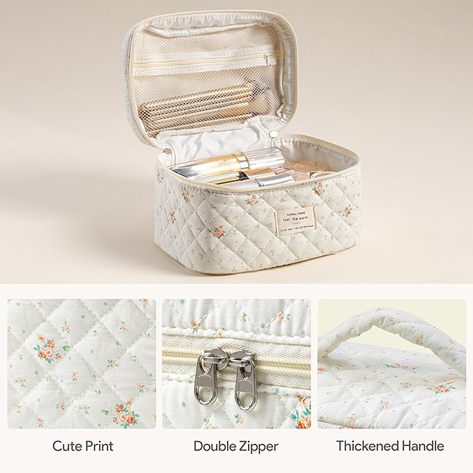 HBselect Quilted Makeup Bag, 3PCS Cotton Large Travel Makeup Bag, Cute Floral Coquette Make up Bag Cosmetic Bag Toiletry Bag for Women Girls