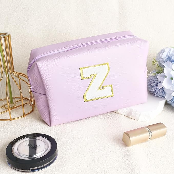 Gifts for Girls Initial Makeup Bag Personalized Cosmetic Bag with Zipper Cute Travel Toiletry Bag Waterproof PU Preppy Makeup Pouch Birthday Gift for Teen Girls Women(Purple Z)