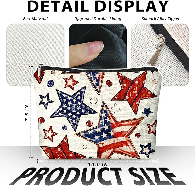 Retro American Flag Star 4th of July Makeup Bag, America Patriotic Cosmetic Bags for Women, Red White and American Flag Star Toiletry Bag for Women, cosmetic bag, makeup case