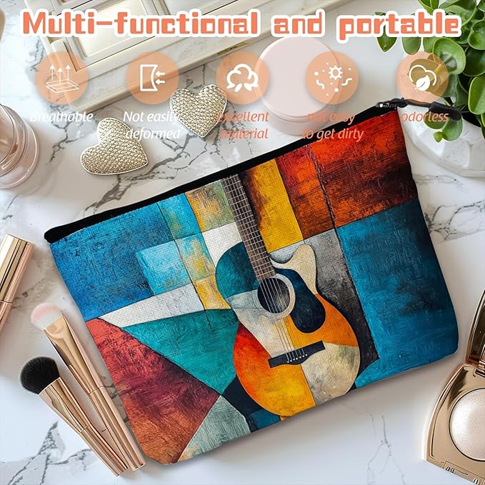 Cosmetic Bags Travel Makeup Toilet Case Waterproof Pouch for Women Girls 6.7X9.45inches - Abstract Guitar in A Multicolored Geometric Composition