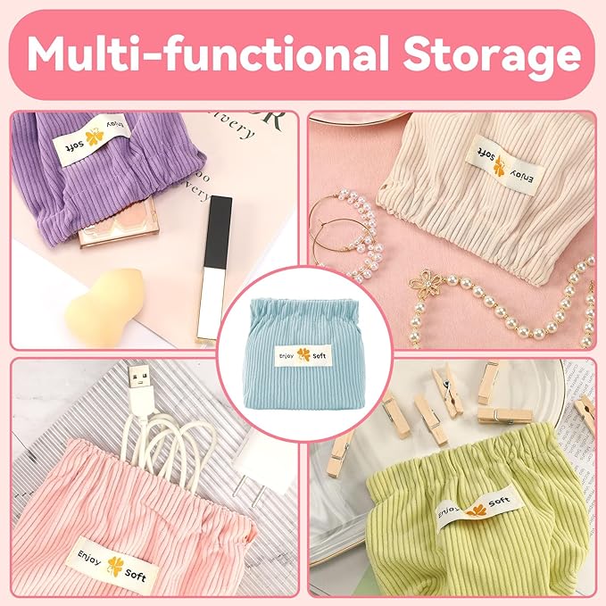 AUGSUN 6pc Corduroy Elastic Hair Tie Organizer, Storage Bag, Makeup Pouch, Travel Accessory, 5.11 x 1.96 x 4.72 IN, Milky White, Green, Blue, Coffee, Pink, Purple