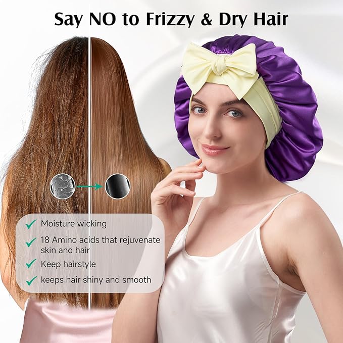 YFONG 100% 22 Momme Mulberry Silk Bonnet for Sleeping Women, Larger Double Layer Silk Hair Wrap for Curly Short Long Hair, Non-Slip Sleep Cap Turban with Elastic Tie Band (Purple & Yellow)