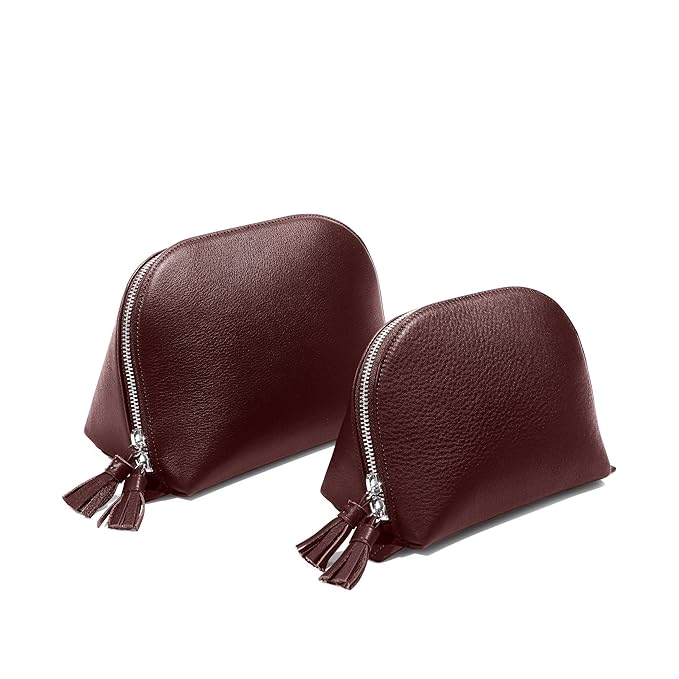Leatherology Bordeaux Leather Makeup Bag Set – Clamshell Cosmetic Organizer Duo – Full Grain Leather with Waterproof Lining & Tassel Zippers – Travel Toiletry Bags for Skincare & Beauty