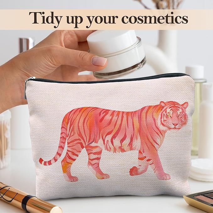 Preppy Tiger Makeup Bag, Trendy Pink and Orange Tiger Cosmetic Bags for Women, Tigers Gifts Makeup Pouch, Animal Lovers Gift Zipper Pouch