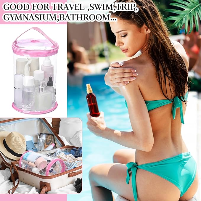 Clear Lotion Bag for Toiletry Cylinder Makeup Bag Heavy Duty Sunscreen Travel Organizer Pouch Waterproof Cosmetic Bag with Handle Zipper Gift for Christmas Beach Pool Airport Women(Pink)
