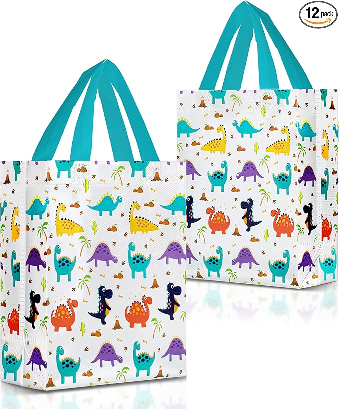 Nush Nush Dinosaur Gift Bag Medium Size – Set of 12 Dinosaur Goodie Bag With Handles, Reusable Gift Bags for Kids - For Dino Party Favors, Party Favor Bags for Kids Birthday - 8"x4"x 10" Size
