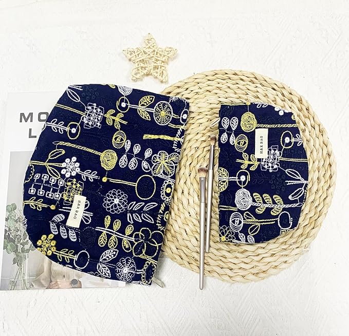 2 Pcs Makeup Bags, Large Cosmetic Bag Travel Toiletry Bag Organizer for Women, Embroidery Craft, Floral Makeup Bag Small Cosmetic Pouch Purse with Zipper, Gifts for Girls Teen (Blue-tree)