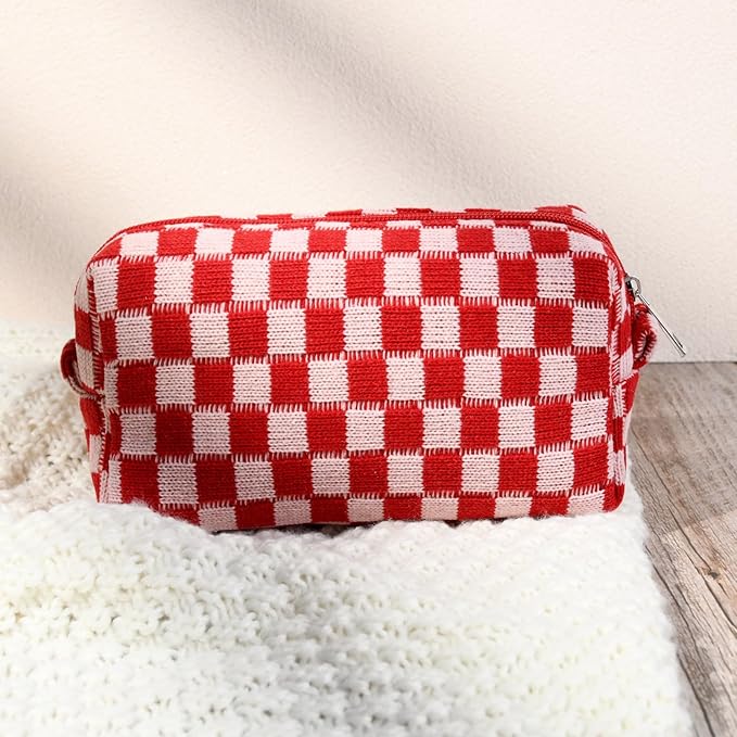 SOIDRAM 2 Pcs Checkered Makeup Bag Large Cosmetic Bag Toiletry Bag Makeup Pouch Travel Bag Organizer Cute Makeup Brushes Aesthetic Accessories Storage Bag for Women Red