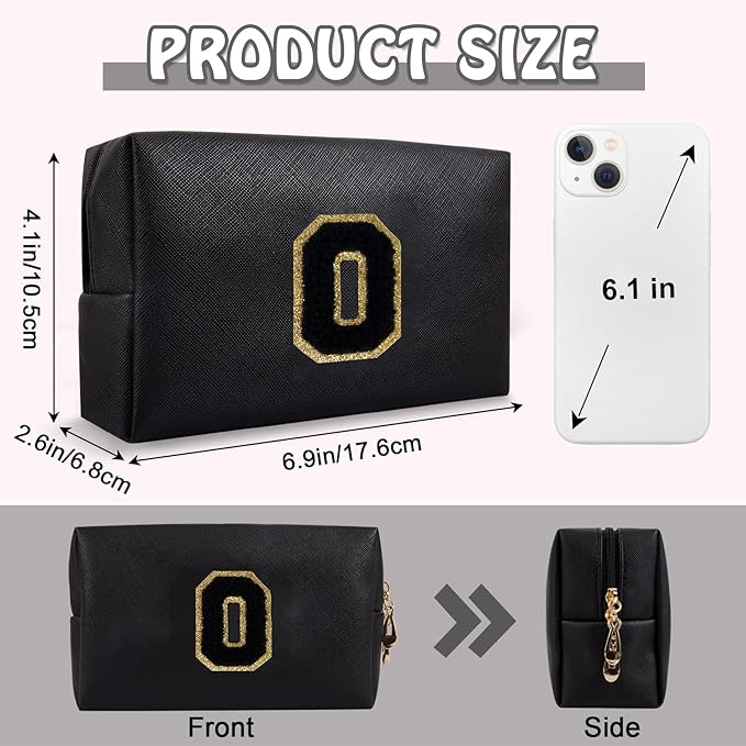Small Cute Initial Preppy Makeup Bag, Personalized Black Cosmetic Zipper Pouch Chenille Letter Toiletry Bags for Traveling, Waterproof PU Makeup Organizer Travel Essentials for Sister Friend(Letter O)