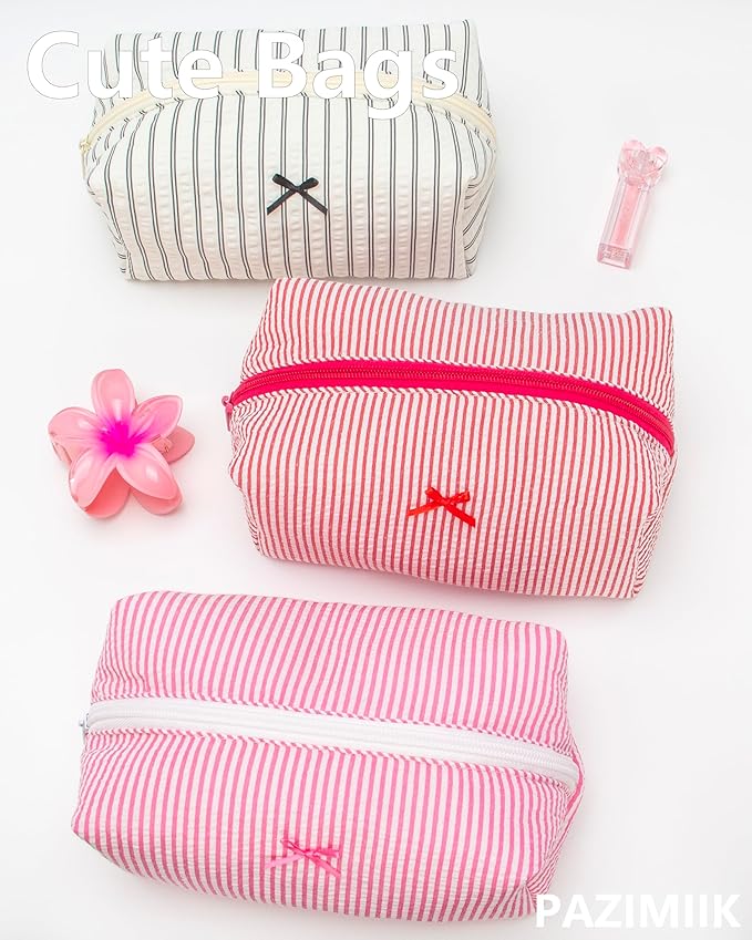 PAZIMIIK 2PCS Cozy Makeup Bag Small Aesthetic Travel Zipper Cosmetic Pouch for Women Make Up Beauty Accessories Brushes, Stripe Red
