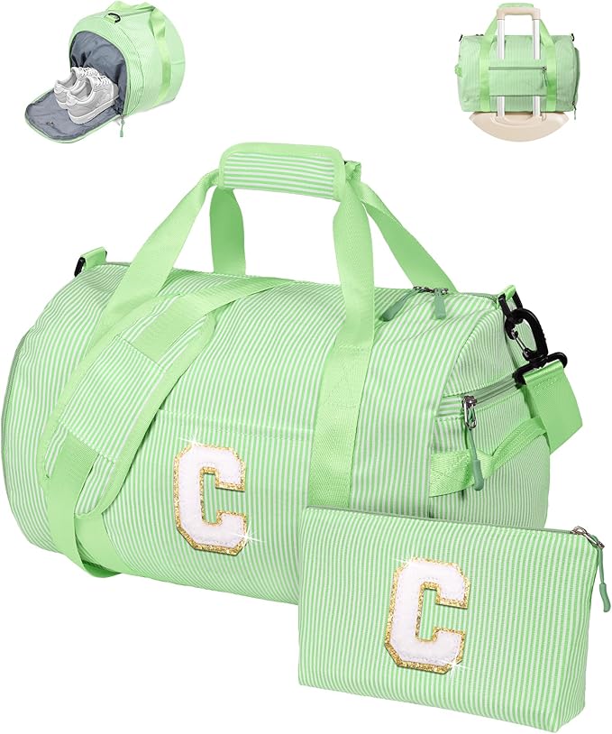 Gifts for 3 4 5 6 7 8 Year Old Girl, Girls Travel Duffle Bag, Kids Initial Overnight Bags with Shoe Compartment, Personalized Weekend Bag with Makeup Pouch, Holiday Gift for Teen (Letter C)