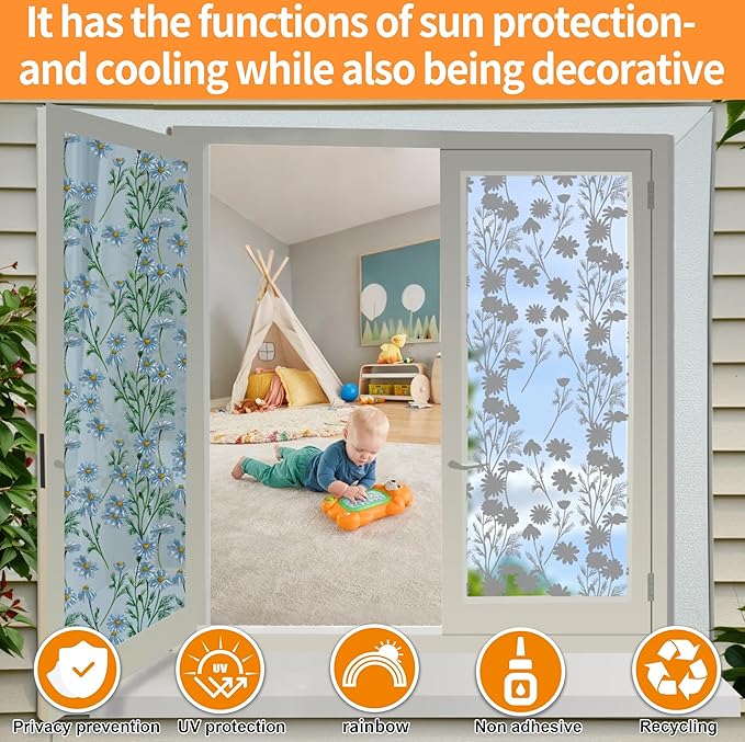 One Way Privacy Film, Window Tint for Home,Daytime Reflective, Anti UV Static Cling Sliding Door Coverings No Glue Garage Solar Paper (Silver -Daisy, 35.4X 78.7 in)