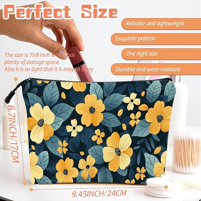 Cosmetic Bags Travel Makeup Toilet Case Waterproof Pouch for Women Girls 6.7X9.45inches - Pattern of Yellow Flowers on A Dark - Teal Background