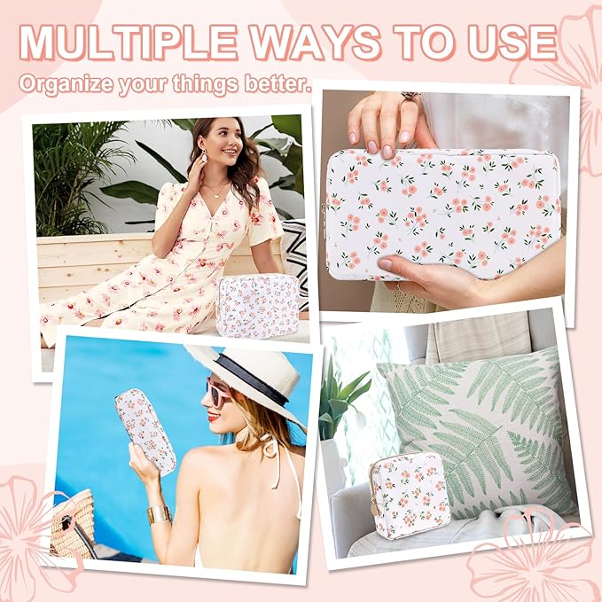 Waterproof Mini Floral Makeup Bag Pouch for Purse,Nylon Flower Cosmetic Travel Bag Small Preppy Toiletry Organizers Bag for Women Girl,Cute Zipper Pouch Coin Purse for Work(Mini White-Flowers)