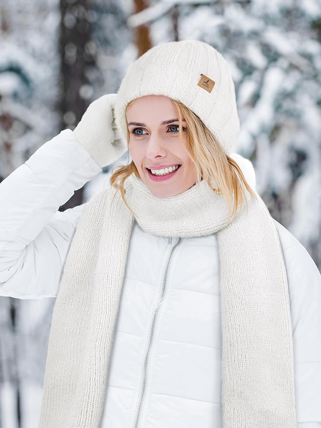 Winter Beanie Hat Scarf Gloves, Warm Fleece Knit Hat Long Scarf Neck Warmer Touch Screen Winter Gloves Set Gifts for Women