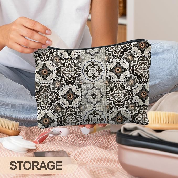 Vintage Boho Block Print Makeup Bag, Ethnic Moroccan and Mediterranean Tile Cosmetic Bags for Women, Mexican Gifts for Women, Boho Traditional Mandala Zipper Makeup Pouch