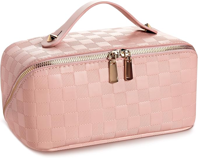Abiudeng Travel Makeup Bag Large Capacity Toiletry Bag Cosmetic Bags for Travel Essentials,Waterproof Portable Pouch Open Flat Makeup bag Organizer with Divider and Handle(Checkered-Pink)