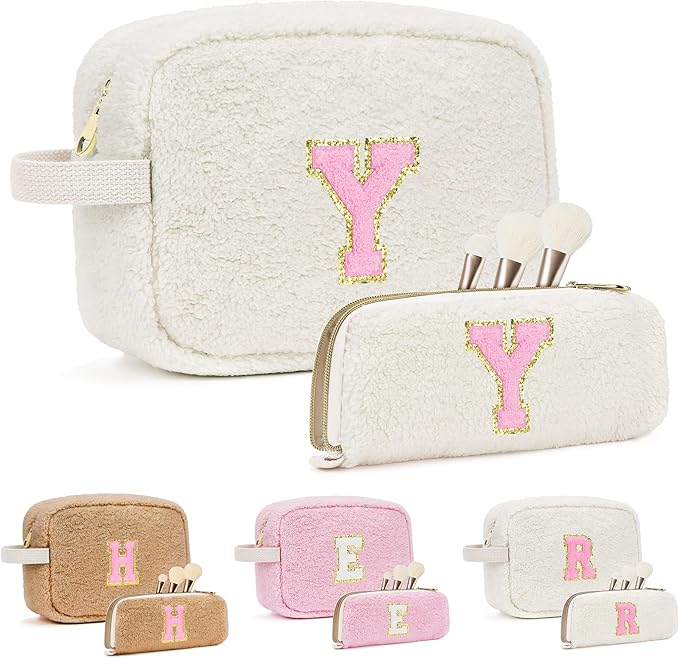 for Christmas Day Gifts, Travel Makeup Bag for Women, Initial Make Up Bag Set for 6 7 8 9 10 11 12 13 Years Old Kids Tween Girls, Large Cosmetic Skincare Bags for Birthday Gifts, White Y