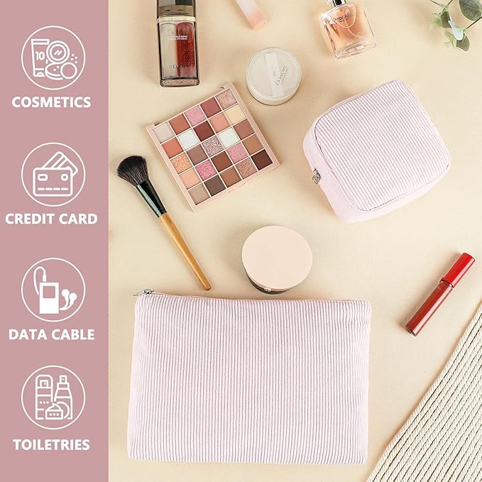 Corduroy Makeup Bag, Travel Cosmetic Bag Organizer Toiletry Bag Make Up Bags with Zipper & Compartments for Women Girls, 2PCS