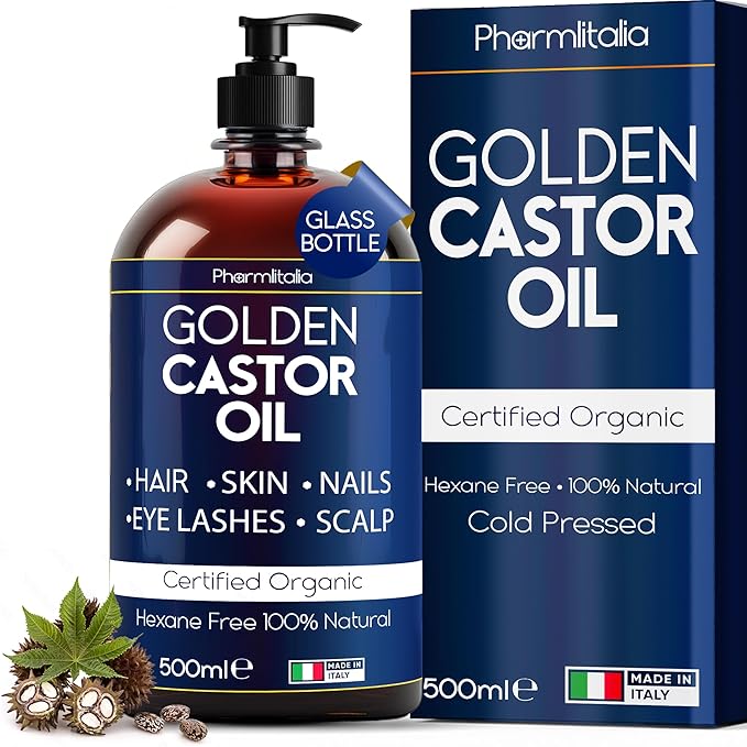 Caster Oil Organic Cold Pressed Unrefined Glass Bottle - Organic Golden Castor Oil for Face, Scalp, Eyelashes, Skin Care and Nails - Aceite De Castor Organico Puro - 500ml