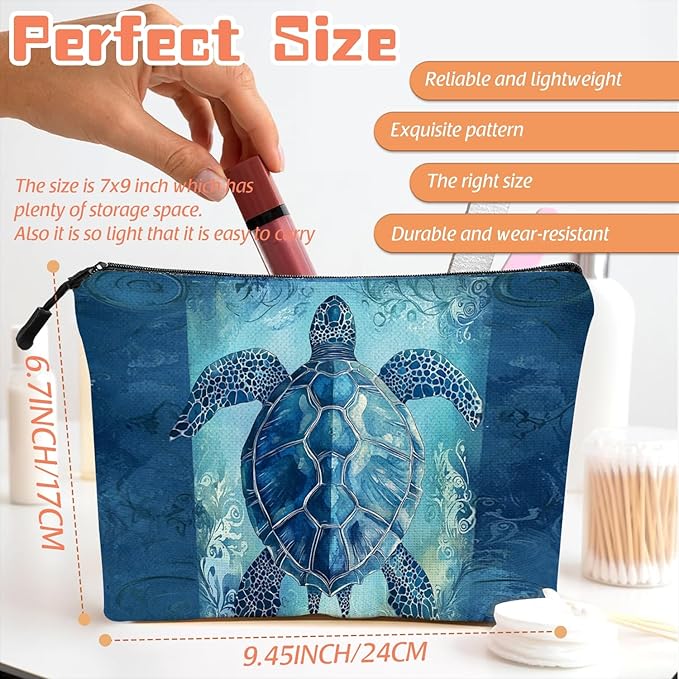 Cosmetic Bags Travel Makeup Toilet Case Waterproof Pouch for Women Girls 6.7X9.45inches - Blue Sea Turtle With Ornamental Patterns