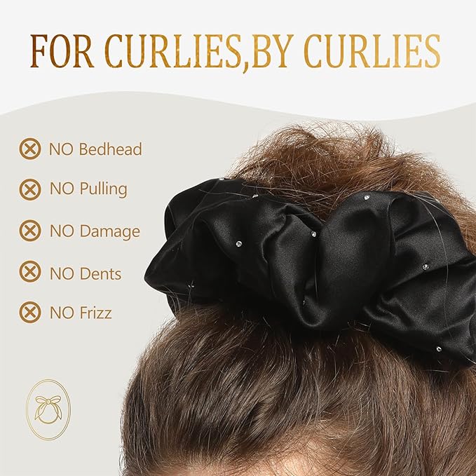 100% Mulberry Silk Scrunchies for Women Ponytail Holders – Plus Rhinestone-Embellished Design for Curly, No Damage Hair Ties for Curly, Thick, and Thin - Hair Accessories for Women (Black)