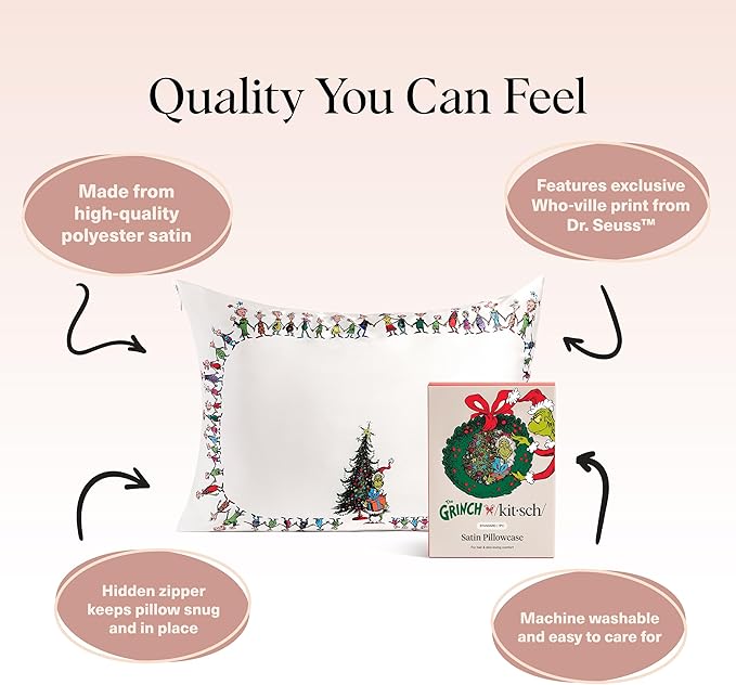 The Grinch x Kitsch Satin Pillowcase with Zipper for Hair & Skin - Softer Than Silk Pillow Cases, Smooth Cooling Pillow Cover, Wrinkle-Free, Machine Washable, Queen/Standard (19x26) - Who-Ville