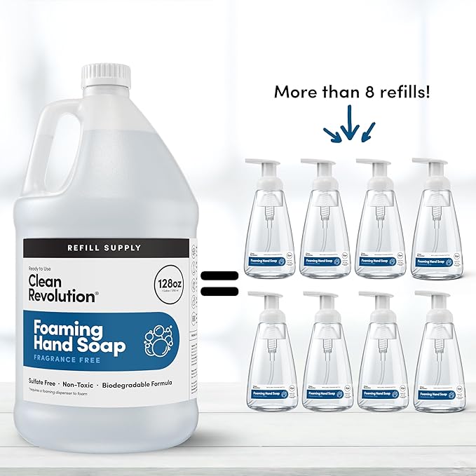 Clean Revolution Foaming Hand Soap Refill Supply, Gentle, Moisturizing & Eco-Friendly, Ready to Use Formula, Gluten Free, Unscented, Fragrance Free, 128 Fl Oz