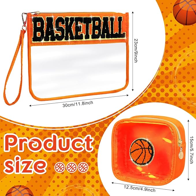 Hillban 2 Pcs Basketball Girls Gifts Makeup Cosmetic Bag Clear Toiletry Purse Chenille Letter Zipper Pouch Basketball Accessories for Women Sport Portable Travel Stuff Storage Case Bags