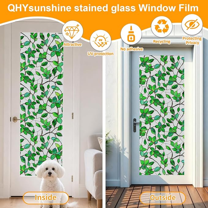 Window Privacy Film Stained Glass Window Film Frosted Window Film Window clings Non-Adhesive Reusable Decorative for Home Removable(Green Frosted, 17.5 X 157.4 in)