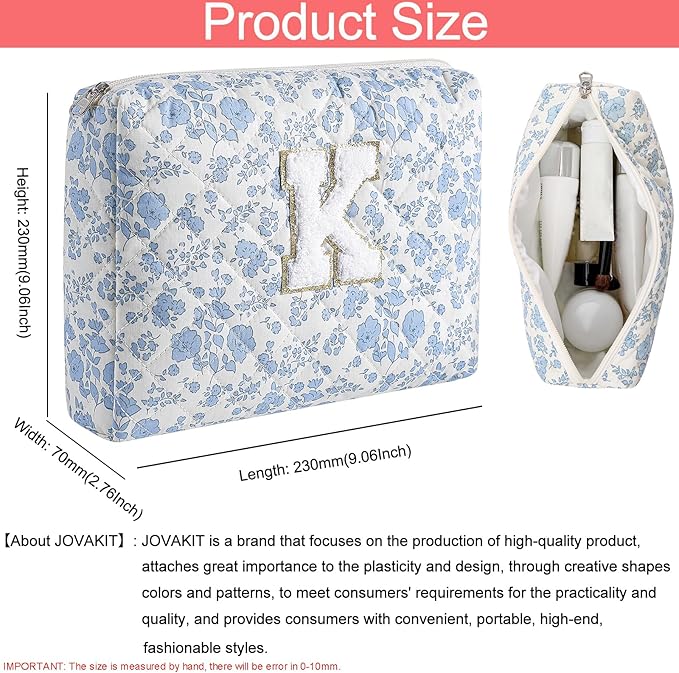 JOVAKIT Alphabet Makeup Bag Cosmetic Bag for Women, Christmas Gifts for Girls Age 6-18, Floral Flowers Coquette Travel Toiletry Zipper Make Up Pouch Organizer Trendy Stuff (2Pcs Blue Floral K)