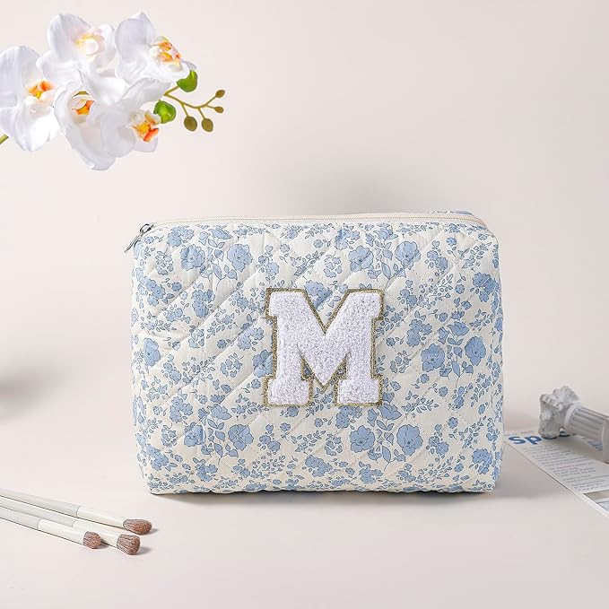 Alphabet Makeup Bag Cosmetic Bag for Women, Christmas Gifts for Age 11-18, Personalized Floral Coquette Travel Bag, Trendy Stuff Zipper Make Up Pouch Organizer Bag (Blue Floral M)