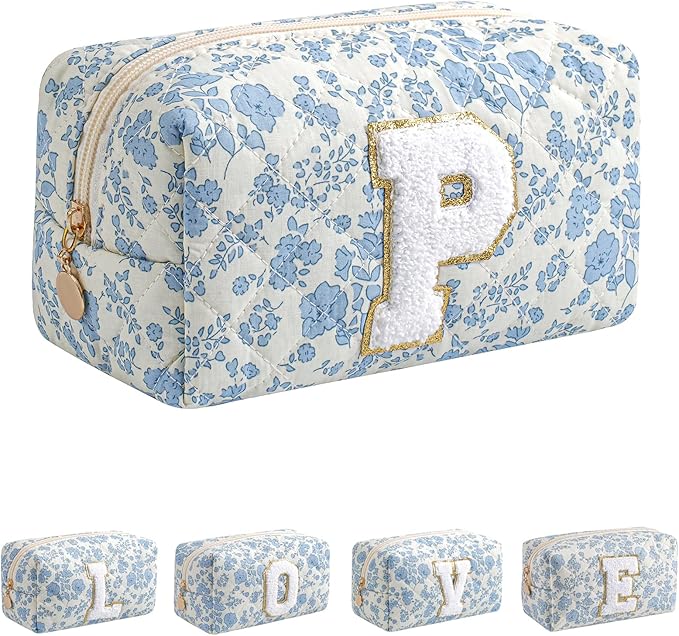 JOVAKIT Alphabet Makeup Bag Cosmetic Bag for Women, Christmas Gifts for Girls Age 6-18, Floral Flowers Coquette Travel Toiletry Zipper Make Up Pouch Organizer Trendy Stuff (Blue Floral P)