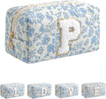 JOVAKIT Alphabet Makeup Bag Cosmetic Bag for Women, Christmas Gifts for Girls Age 6-18, Floral Flowers Coquette Travel Toiletry Zipper Make Up Pouch Organizer Trendy Stuff (Blue Floral P)