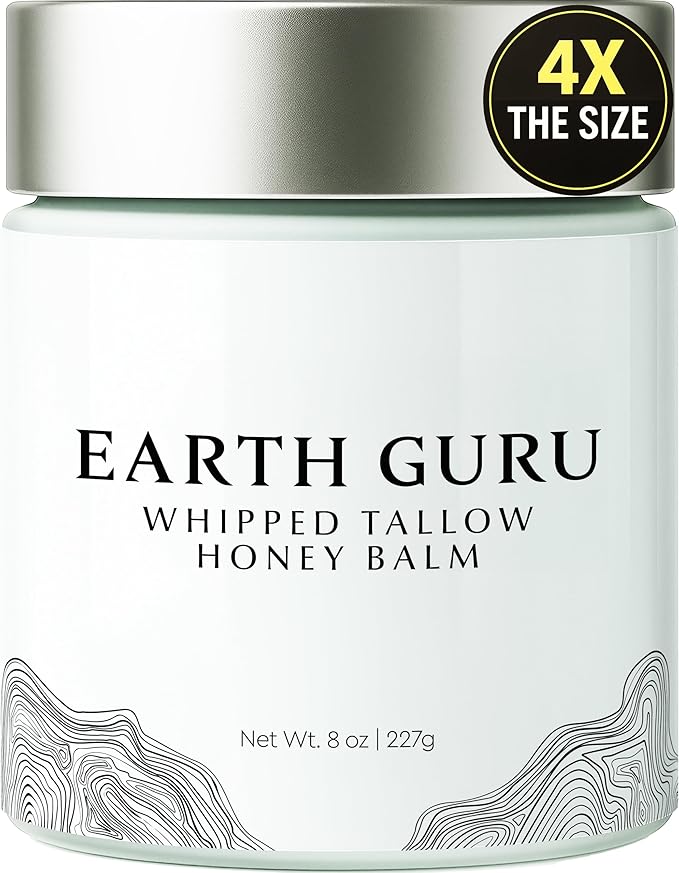 Earth Guru XL 8 OZ Whipped Beef Tallow for Skin,100% Natural Beef Tallow and Honey Balm, Face Moisturizer & Body Lotion Cream, Grass-Fed & Finished, Sebo De Res Para La Cara, Organic Olive Oil, Manuka