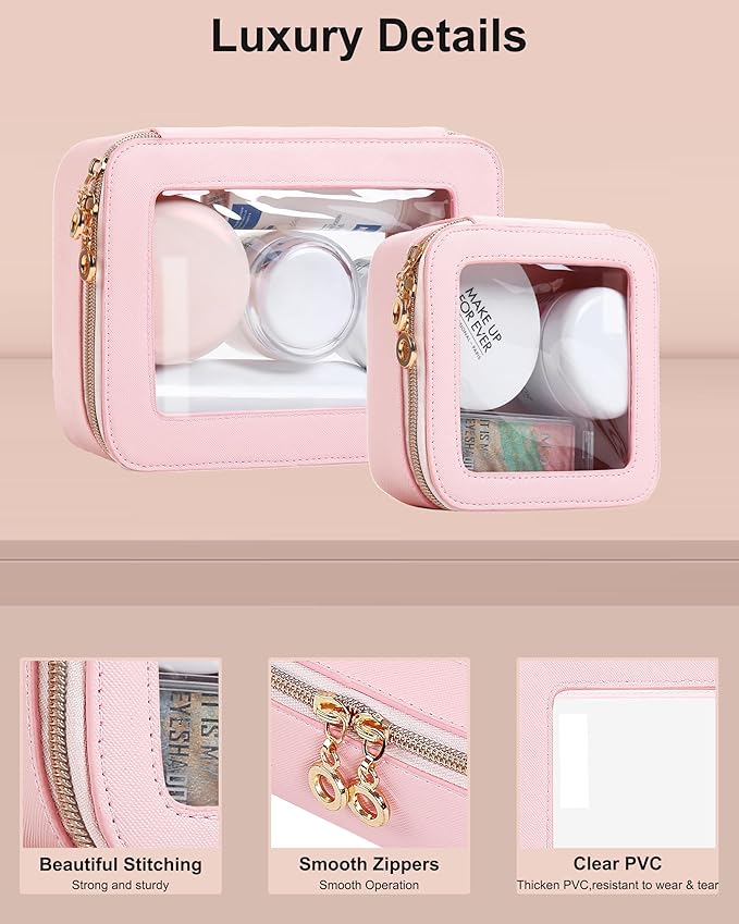 Small Clear Makeup Bag for Purse, Cute Mini Clear Cosmetic Bag Case Organizer, TSA Approved Square Small Makeup Case Pouch with Zipper, Car Travel Purse Essentials for Women (Pink, S)